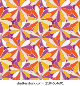 Flowers daisy of 1970, Seamless groovy pattern in pastel colors, Hand-drawn Vector Illustration. Seventies Style, Groovy Background, Wallpaper, Hippie Aesthetics.