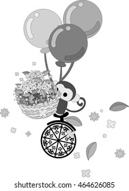 Flowers dance on a unicycle a monkey with a flower basket