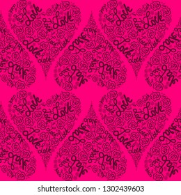 flowers and dark gray letters in the shape of heart on a pink background