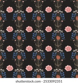 Flowers dark seamless pattern. Floral secret garden endless background. Vector flat hand drawn illustration.