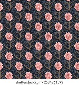 Flowers dark seamless pattern. Floral secret garden endless background. Vector flat hand drawn illustration.