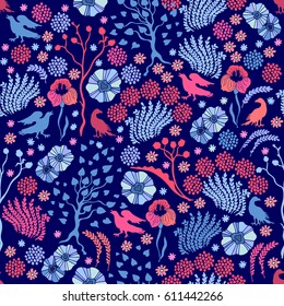 Flowers in the darkness. Floral pattern with trees, grass, bushes and birds.