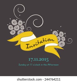 Flowers decorated beautiful Invitation card design with yellow ribbon. 