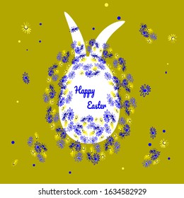 Flowers decorated easter egg with bunny ears in blue and gold colors. Text Happy Easter. Vector illustration with holiday elements for design.
