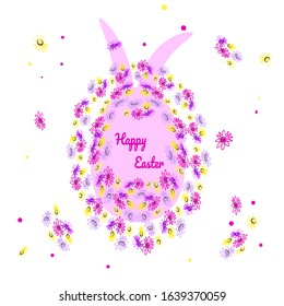 Flowers decorated an Easter egg with pink bunny ears in pink and gold colors. Text Happy Easter. Vector illustration with holiday elements for design.