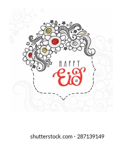 Flowers decorated frame with text Happy Eid for muslim community festival celebration.
