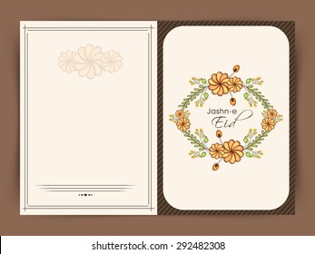 Flowers decorated greeting card design for muslim community festival, Jashn-e-Eid celebration.