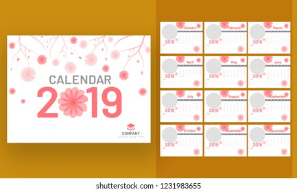 Flowers decorated yearly calendar or organizer design for year 2019.
