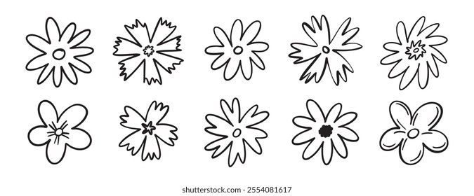 flowers decoration doodle hand drawn icon set. Outline drawing chamomile flower buds line clipart symbol collection. Vector illustration