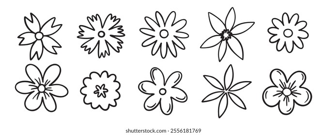 flowers decoration doodle hand drawn icon set. Outline drawing chamomile flower buds line clipart symbol collection. Vector illustration