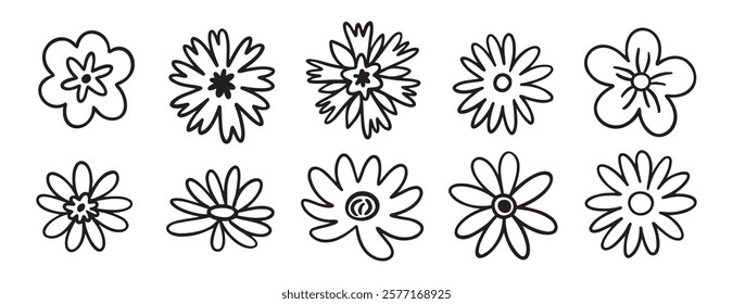 flowers decoration doodle hand drawn icon set. Outline drawing chamomile flower buds line clipart symbol collection. Vector illustration