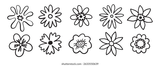 flores decoração doodle mão desenhado ícone conjunto. Desenho de contorno flor camomila botões linha clipart coleção de símbolos. Ilustração vetorial