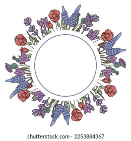 Flowers decoration, round frame: rose, lavender, thyme, snowdrop, narcissus, crocus. Spring postcard.