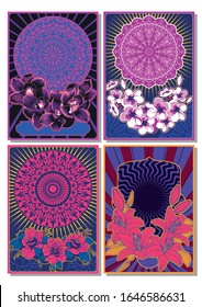 Flowers and Decorative backgrounds Psychedelic Art Pattern Set, Vintage Colors 1960s, 1970s Hippie Style