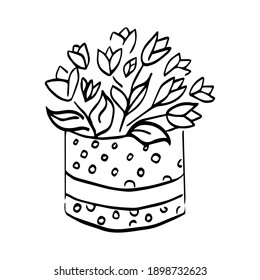 Flowers in a decorative basket. Black and white illustration. Isolated element on a white background. Vector. Eps 10.