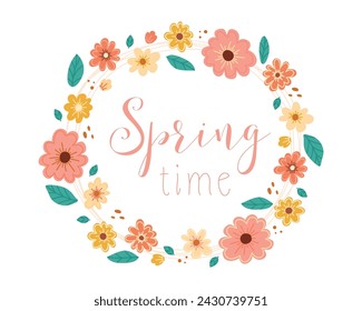 Flowers decorative frame for card, banner, invitation. Spring flowers and leaves round frame. Colorful garden flowers in a row. Floral illustration isolated on white.