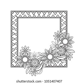 Flowers decorative frame. Isolated on white background. Floral monochrome ornament. Design element with space for your text. Black and white vector illustration.