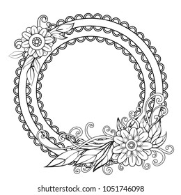 Flowers decorative frame. Isolated on white background. Floral monochrome ornament. Design element with space for your text. Black and white vector illustration.