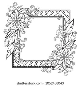 Flowers decorative frame. Isolated on white background. Floral monochrome ornament. Design element with space for your text. Black and white vector illustration.