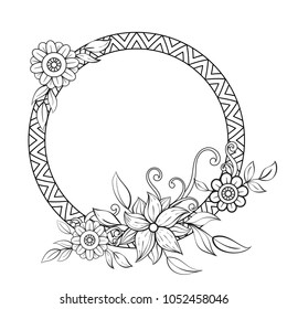 Flowers decorative frame. Isolated on white background. Floral monochrome ornament. Design element with space for your text. Black and white vector illustration.