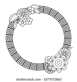 Flowers decorative frame. Isolated on white background. Floral monochrome ornament. Design element with space for your text. Black and white vector illustration.
