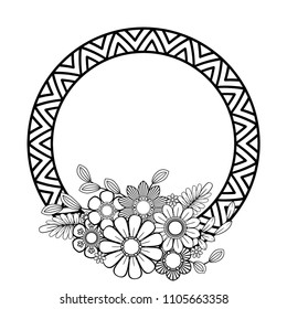 Flowers decorative frame. Isolated on white background. Floral monochrome ornament. Black and white vector illustration.