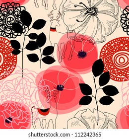 Flowers and deers seamless pattern