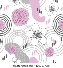 Flowers Delight-Flowers in Bloom, seamless repeat pattern. Roses and Dewberry Flowers in pink white and grey whith abstract shapes. Background, seamless repeat pattern. Modern Abstract Floral Pattern