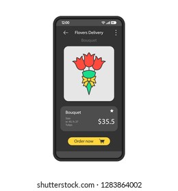 Flowers delivery app interface vector template. Mobile app interface black design layout. Smartphone flowers buying service. Flat UI. Phone display with tulips bouquet ordering