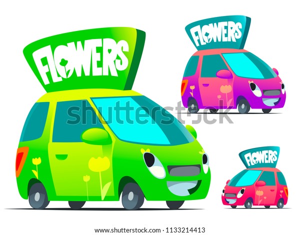 Flowers Delivery Car. Cartoon Character.\
Vector illustration