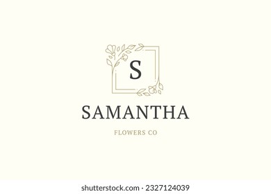 Flowers delivery service boutique shop store minimalist line logo design template vector illustration. Floral frame botanical blossom natural plant decor element business brand identity insignia label