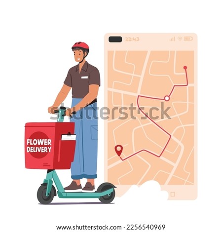 Flowers Delivery Service Concept with Courier Male Character Deliver Fresh Flowers on Scooter with Navigation Application on Smartphone with City Map and Route. Cartoon People Vector Illustration