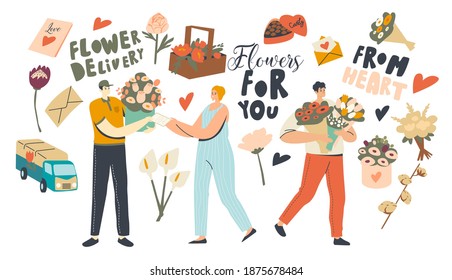 Flowers Delivery Service. Couriers Characters Bringing Beautiful Bouquets to Customers. Pleasant Surprise, Congratulation with Holidays. Anniversary or Romantic Date. Linear People Vector Illustration