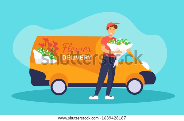 Flowers delivery service. Man courier\
standing in front of a van and holding bouquet. The worker delivers\
of presents for happy International Women Day or Valentine\'s day.\
Vector illustration.