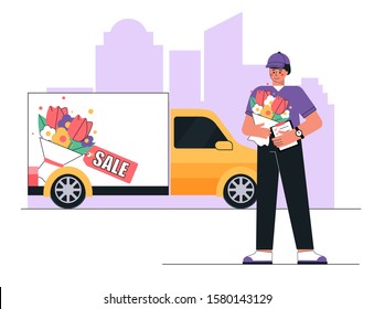 Flowers delivery service. Delivery man holding flowers bouquet. Courier truck with advertising design. Flat style vector illustration.