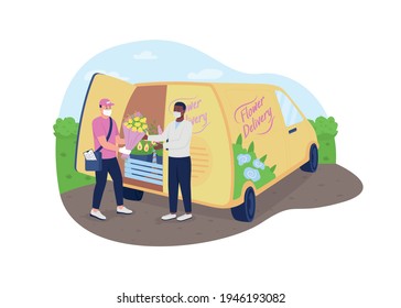 Flowers delivery truck during pandemic 2D vector web banner, poster. Men with bouquet in masks flat characters on cartoon background. Health safety printable patch, colorful web element