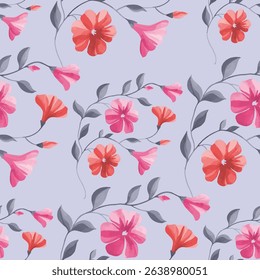The flowers are depicted in shades of pink and coral reddish orange.  Their forms are rounded, with petals that have soft, graduated color transitions.
