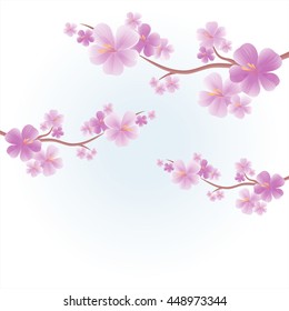 Flowers design. Flowers background. Apple tree flowers. Branches of sakura with Purple flowers isolated on Light Blue color background. Cherry blossom branches. Vector