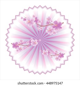Flowers design. Flowers background. Apple tree flowers. Branches of sakura. Cherry blossom branches. Japanese umbrella isolated on White color background. Vector
