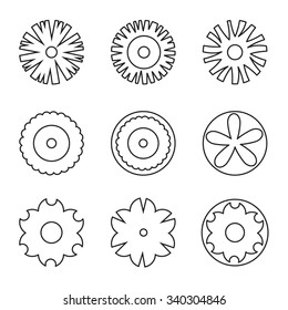 Flowers design element for coloring page book. Hipster geometrical circular flowers, floral design elements, set of isolated linear graphical logos, icons, flower objects. 