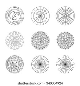 Flowers design element for coloring page book. Hipster geometrical circular flowers, floral design elements, set of isolated linear graphical logos, icons, flower objects. 