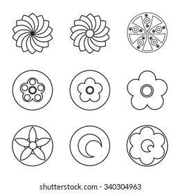Flowers design element for coloring page book. Hipster geometrical circular flowers, floral design elements, set of isolated linear graphical logos, icons, flower objects. 