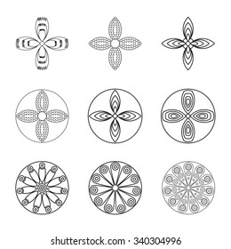 Flowers design element for coloring page book. Hipster geometrical circular flowers, floral design elements, set of isolated linear graphical logos, icons, flower objects. 