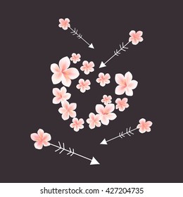 Flowers design. Flower Heart with arrows. Sakura blossoms Flower heart. Cherry flowers Heart and arrows on dark-grey, black color. Vector