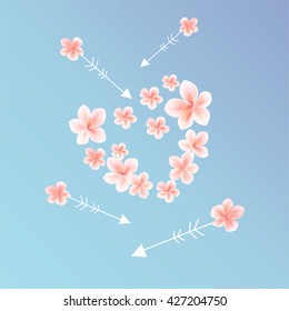 Flowers design. Flower Heart with arrows. Sakura blossoms Flower heart. Cherry flowers Heart and arrows on light-Blue color. Vector