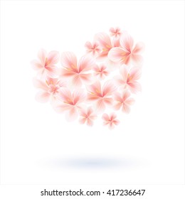 Flowers design. Heart with 3d effect. Sakura blossoms Flower heart. Cherry flowers Heart isolated on White color with shadow. Vector