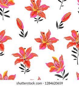 Patrón de diseño de flores con Lilies floreciente, ilustración de color sin fisuras vectorial sobre fondo blanco.