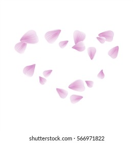 Flowers design. Flowers petals. Abstract background with flying pink, purple rose petals. Vector illustration isolated on white background. Petals Heart. EPS. 10