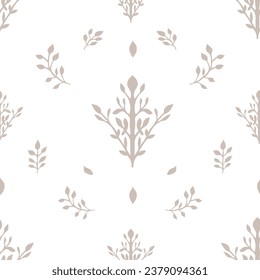 Flowers design with stem and leaves, branches and twigs decoration. Fabric or textile texture with plants and foliage motif. Seamless pattern, wallpaper or background print. Vector in flat style