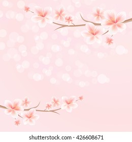 Flowers design. Vector abstract illustration. Branches of sakura with flowers. Cherry blossom branches on pink colorand Bokeh Background. Vector